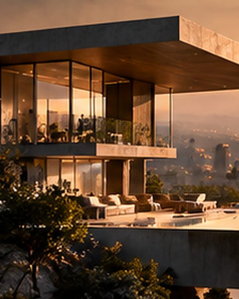 The finished house at sunset with a pool and city view