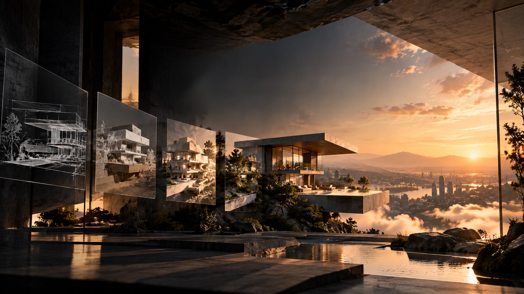Concept image: a cliffside house at sunset, with glass panels showing it evolve from sketch to render.